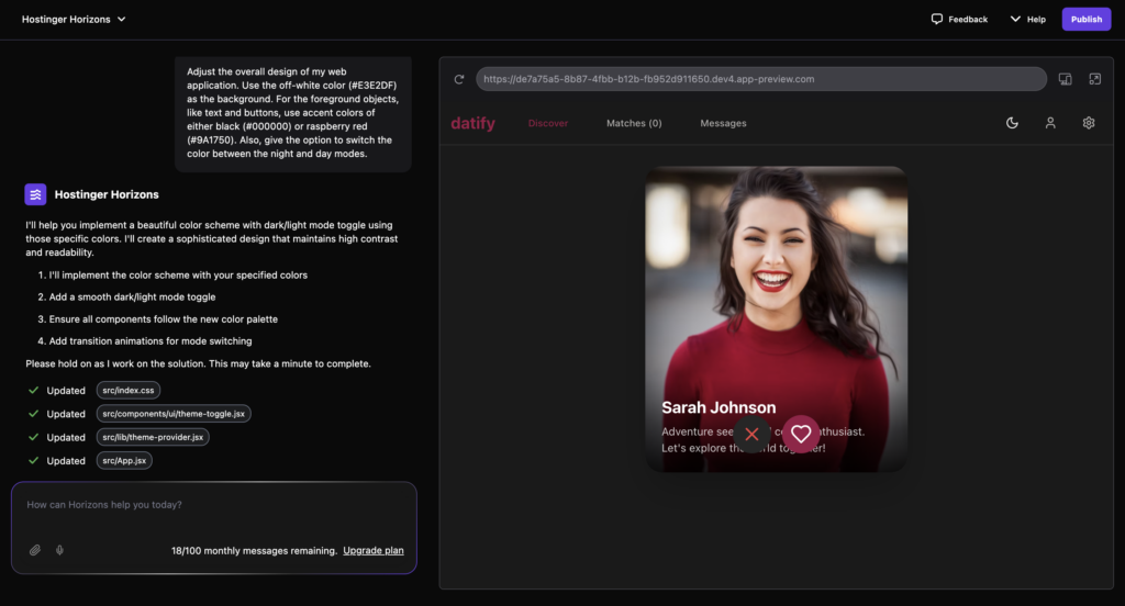 Hostinger Horizons adjusts the web app design according to the prompt