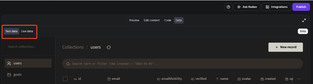 Data mode with Test data tab selected in the collections panel