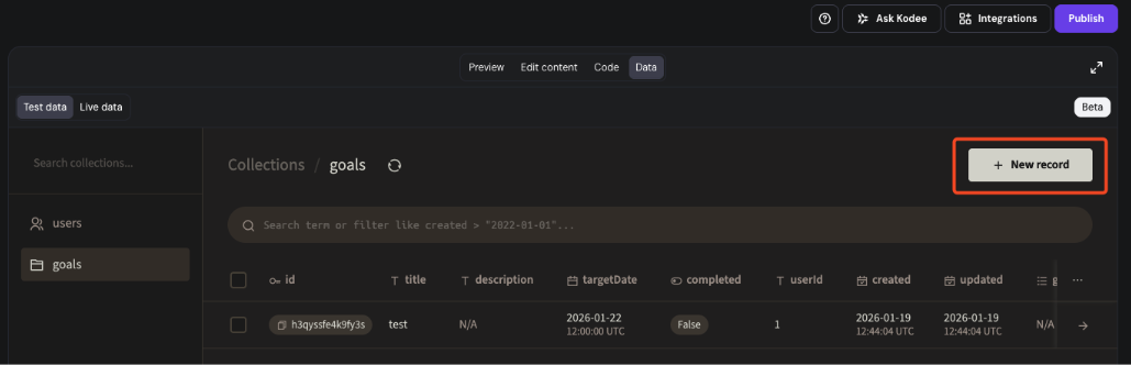 Data dashboard with New record button highlighted in the goals collection view