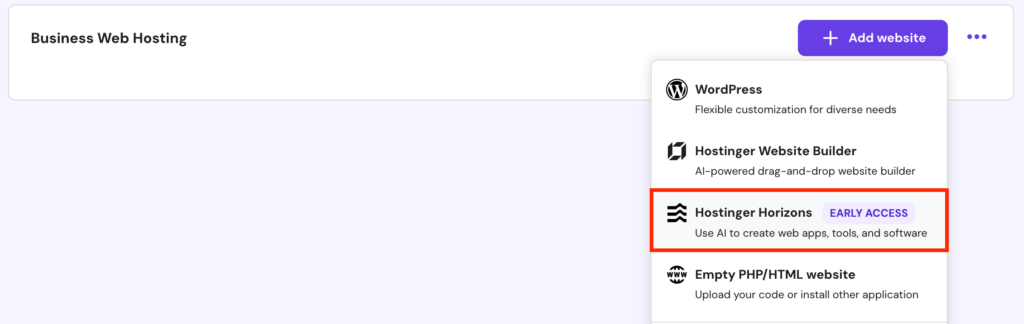 The Hostinger Horizons menu in hPanel