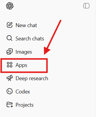 ChatGPT sidebar with the Apps menu item highlighted by a red box and arrow