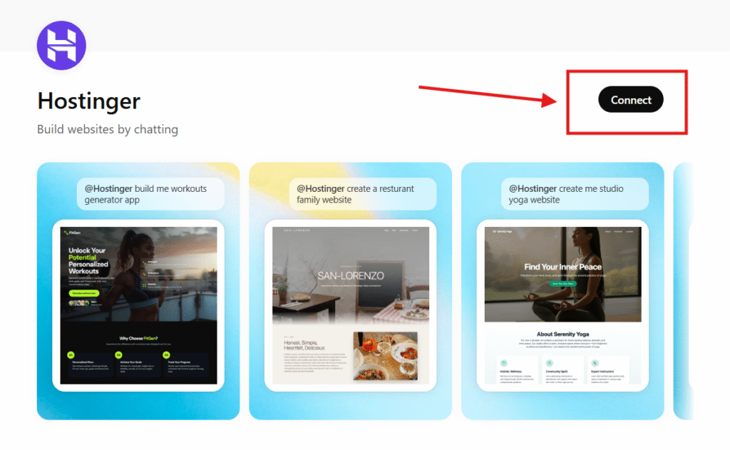 Hostinger builder screen with Connect button highlighted by a red box and arrow