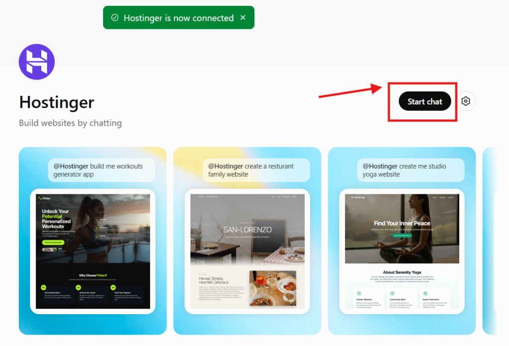 Hostinger page with highlighted Start chat button