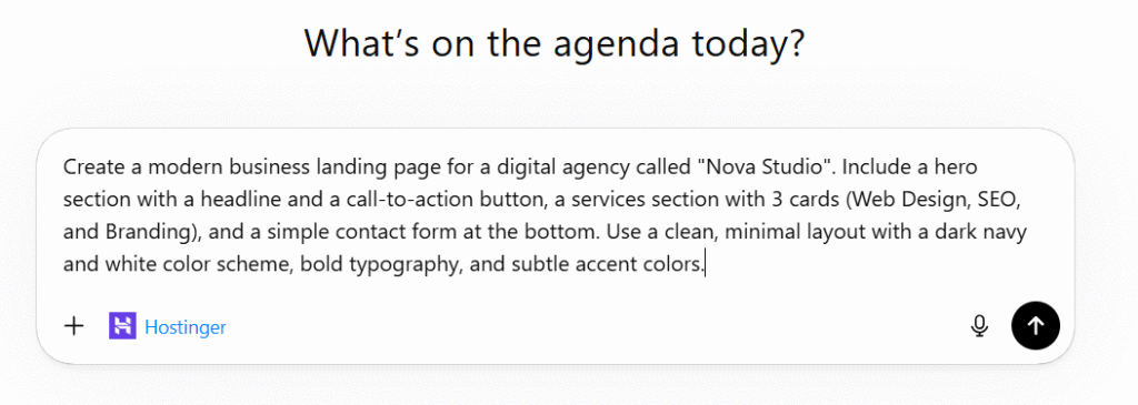 ChatGPT prompt input box with a business landing page request typed in