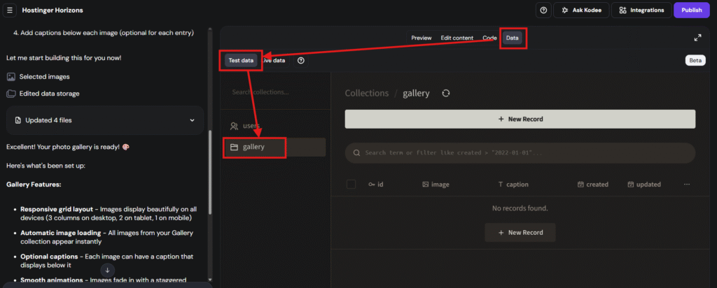 Hostinger Horizons data tab with Test data selected and gallery collection highlighted