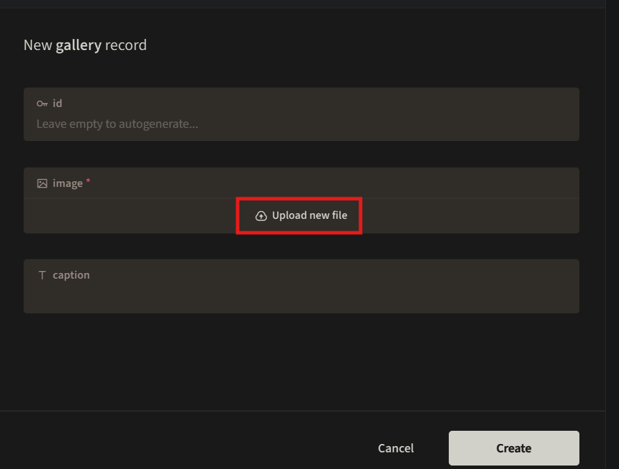 Gallery form with Upload new file button highlighted