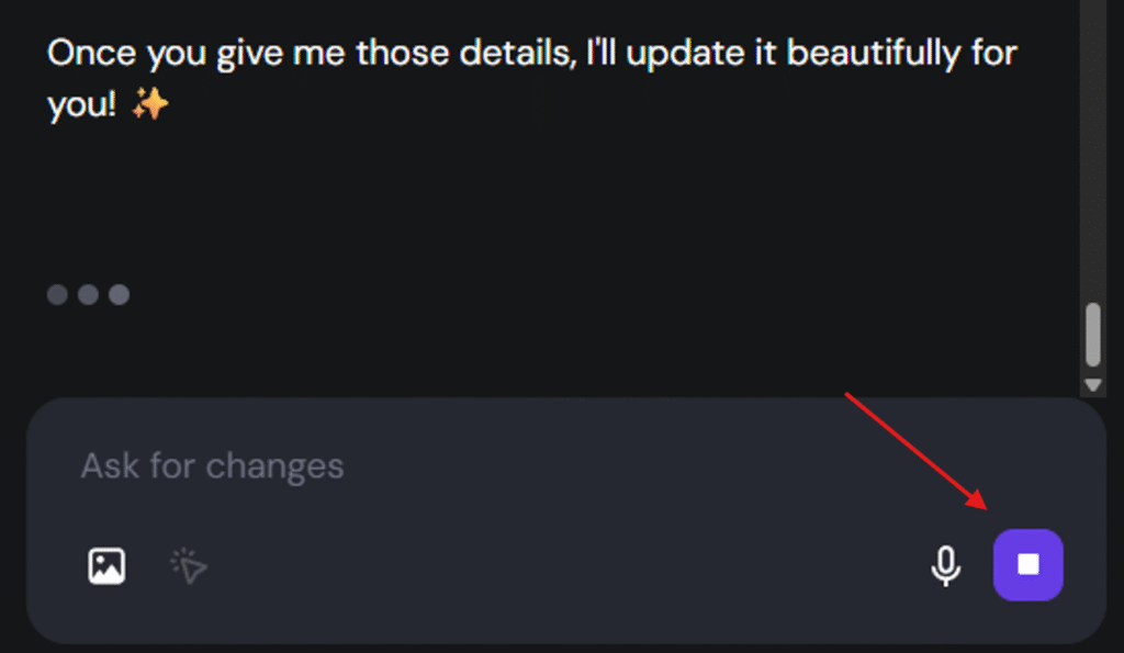 Hostinger Horizons stop generation button in the prompt bar