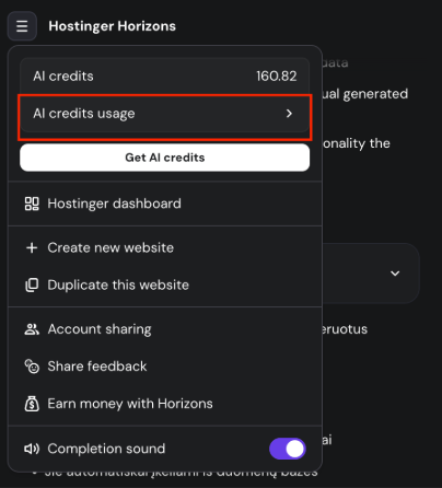 Hostinger Horizons menu with AI credits usage highlighted