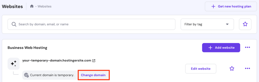 The change domain button on hPanel's website list