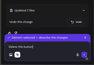 Selected prompt text reads “Delete this button” in a chat input with a send button and undo option