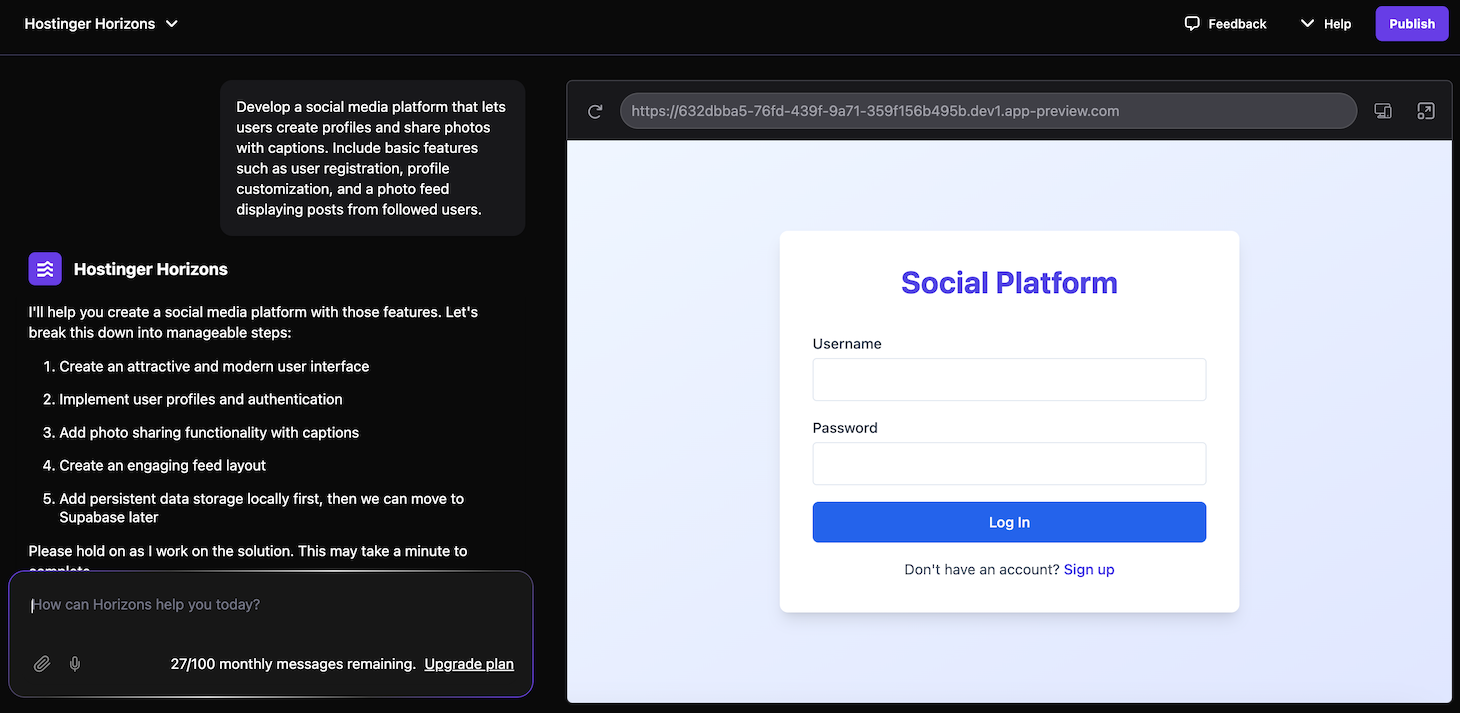 A prompt to demostrate how to start only with core functionality when using Hostinger Horizons