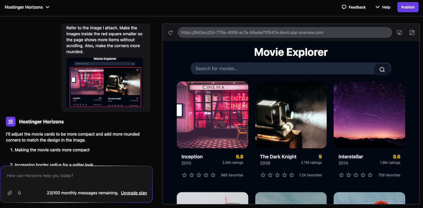 Hostinger Horizons updates a specific part of the application based on the image input