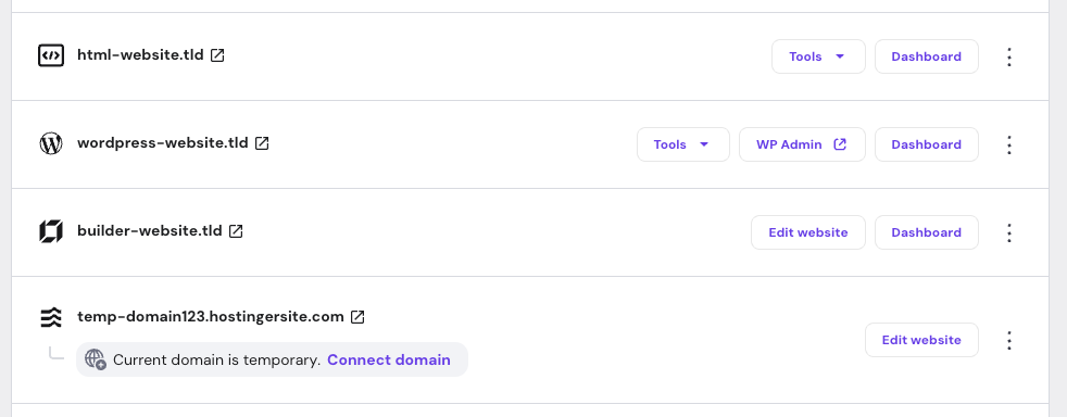 Websites list with a highlighted temporary domain and Connect domain button