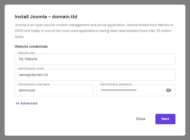 Hostinger Joomla install form with website and administrator credentials fields, Next button highlighted
