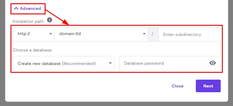 Hostinger installer advanced settings with installation path and database options highlighted