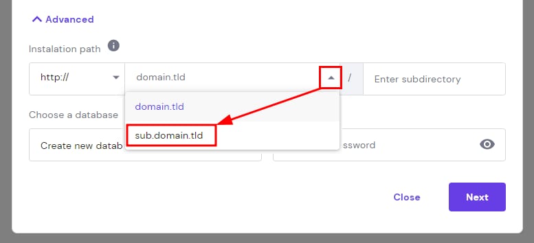 Hostinger installer dropdown showing sub.domain.tld selection for installation path