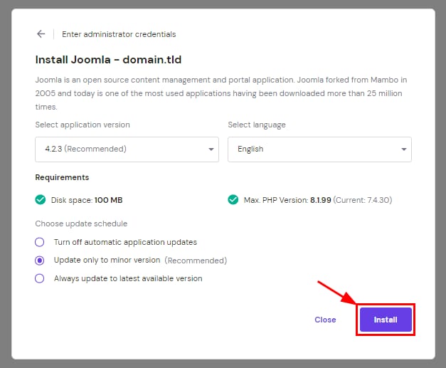 Joomla installation dialog with the Install button highlighted at bottom right