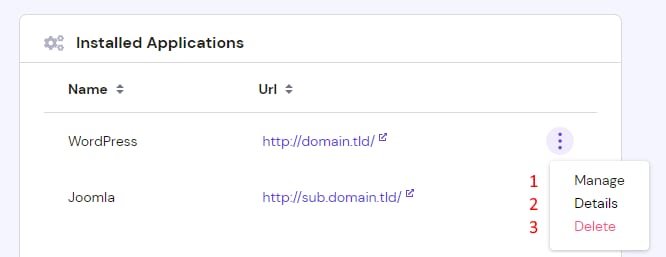 Hostinger installed applications list with the WordPress app's three-dot menu open, showing Manage, Details, and Delete