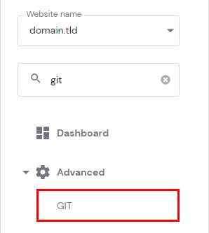 Hostinger panel showing the GIT menu item highlighted under Advanced after searching for git