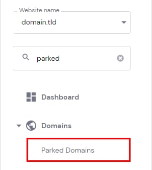 Hostinger hPanel Domains menu with Parked Domains highlighted