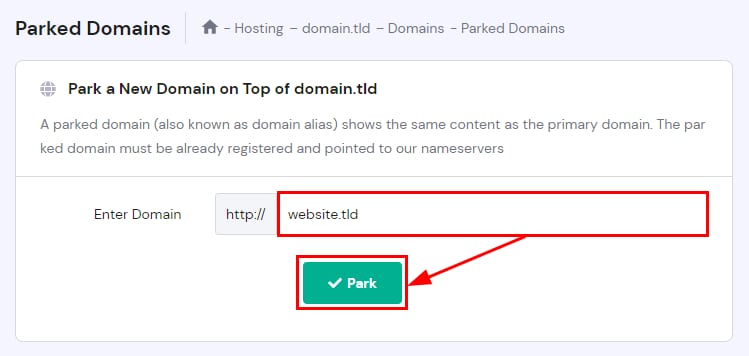 Hostinger parked domains page with the domain field and Park button highlighted