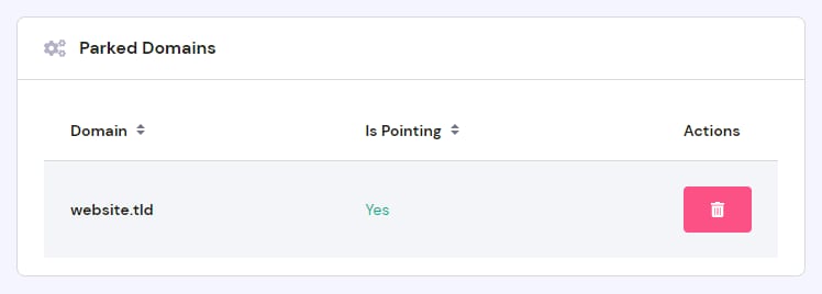 Hostinger hPanel parked domains table showing website.tld pointing yes and a delete action button