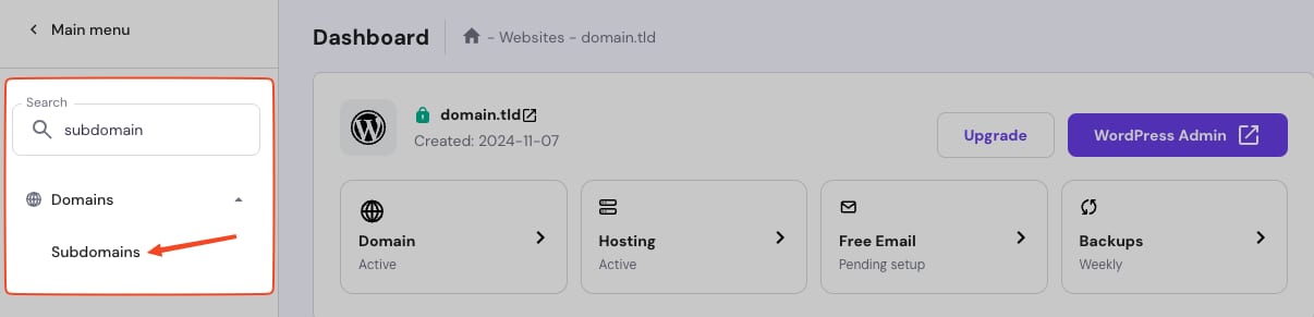 Hostinger dashboard sidebar with Subdomains highlighted under Domains and search field showing “subdomain”