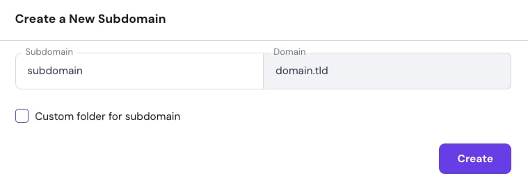Hostinger subdomain creation form with subdomain and domain fields and a Create button