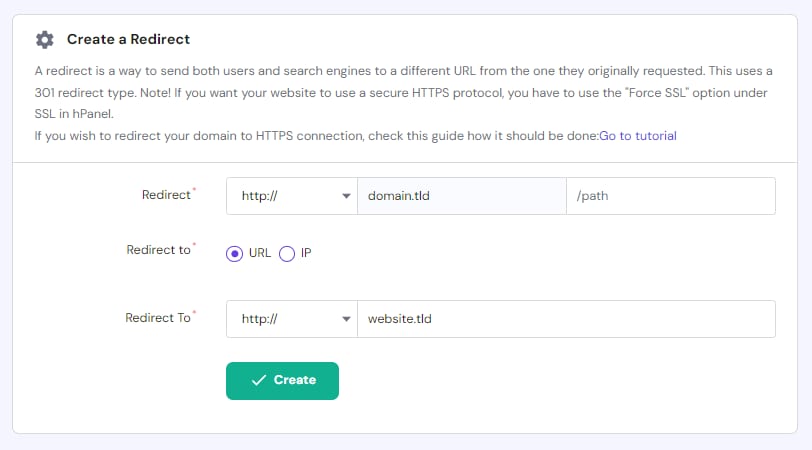 Hostinger hPanel Create a Redirect form with URL option selected and Create button highlighted