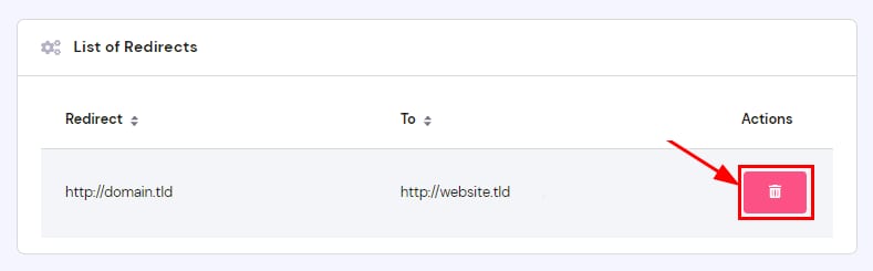 Hostinger redirect list with the delete button highlighted in the Actions column