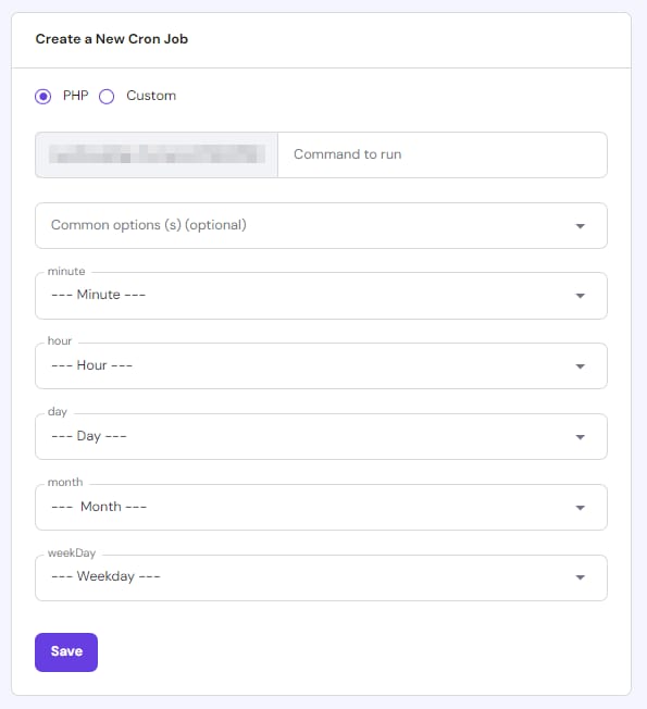 Hostinger cron job setup form with PHP option selected and command field highlighted