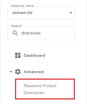 Hostinger control panel with the Password Protect Directories menu item highlighted