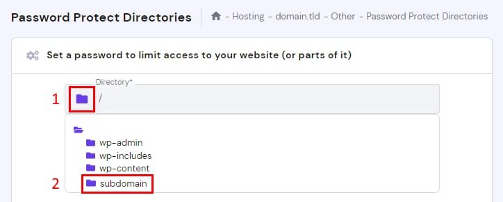 Hostinger hPanel password protect directories screen with the subdomain folder highlighted in the directory list