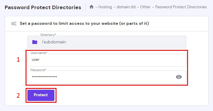 Hostinger password protect directories form with username and password fields, plus Protect button