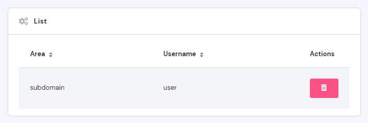 Hostinger list showing a subdomain entry with username and delete action button