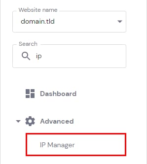 Hostinger Advanced menu with IP Manager highlighted