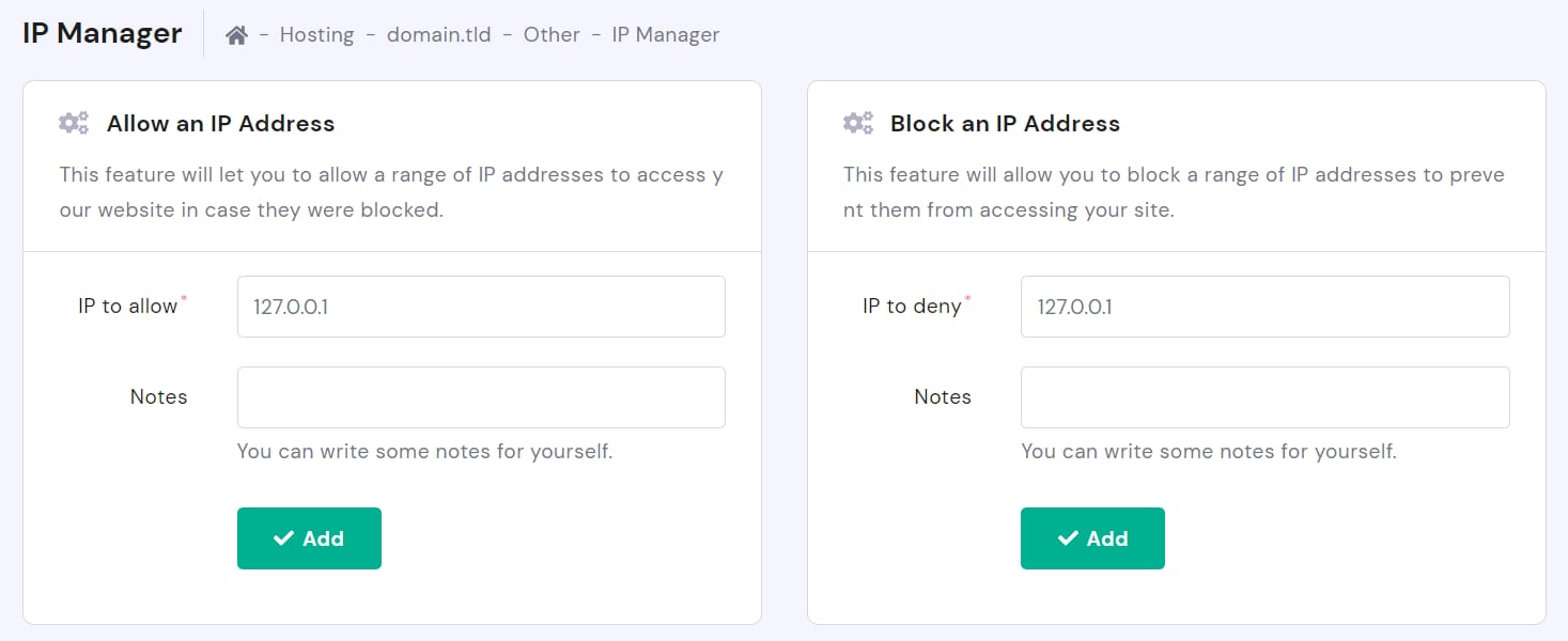 Hostinger IP Manager allow and block IP forms with IP to allow and IP to deny fields
