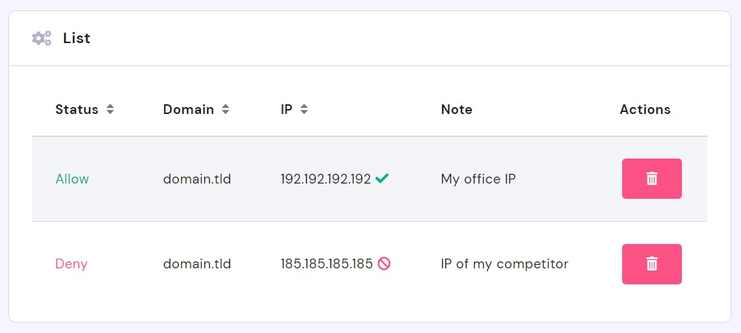 Hostinger IP allow and deny list showing approved and blocked addresses for a domain