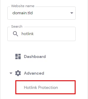 Hostinger hPanel Advanced menu with Hotlink Protection option highlighted