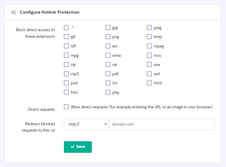 Hostinger hotlink protection settings with file extension checkboxes and Save button