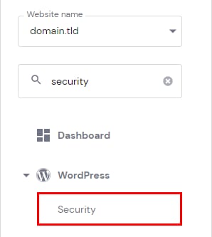 Hostinger dashboard with the WordPress Security menu item highlighted