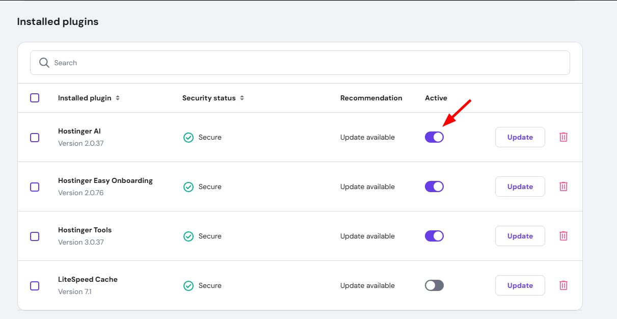 Hostinger plugins list with the Hostinger AI active toggle highlighted