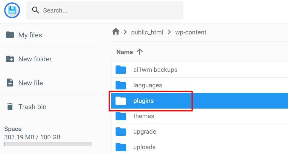 Hostinger file manager showing wp-content folder with the plugins folder selected and highlighted