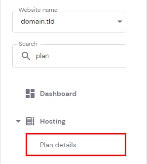 Hostinger hosting menu with Plan details highlighted under Hosting
