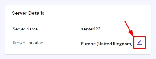 VPS server details with the edit icon highlighted next to Server Location