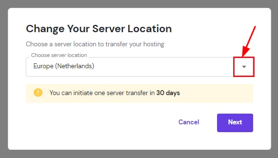 Hostinger hosting transfer dialog with server location dropdown highlighted on Europe (Netherlands) ընտր