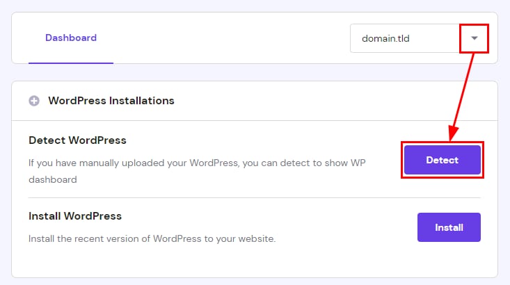 hPanel WordPress installations screen with the Detect button highlighted for a selected domain