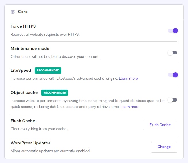 WordPress overview core settings with Force HTTPS, LiteSpeed, and cache options visible