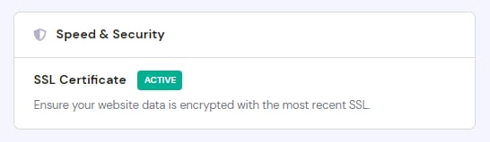 Speed & Security section showing SSL Certificate status as Active