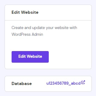 WordPress Overview card with Edit Website button and database name link